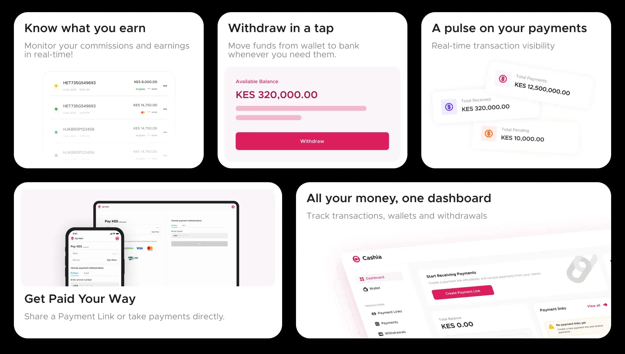 Track what you earn, withdraw to your bank, share payment links and see every transaction in one dashboard